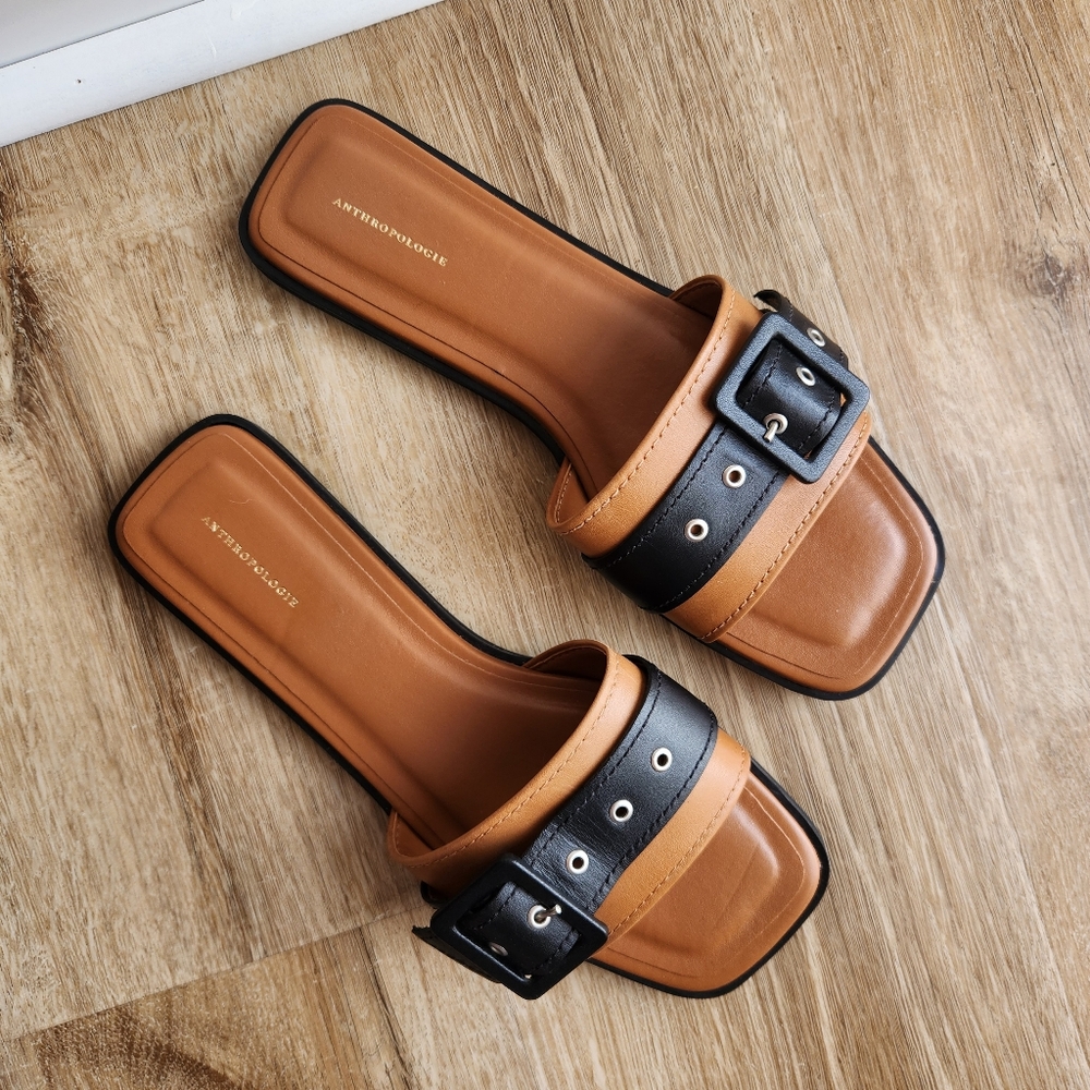 Anthropologie Cedar Brown & Black Buckle Slide Sandals Women's Size 39 - Picture 6 of 7